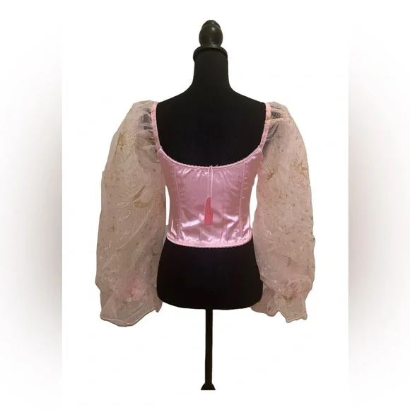Sugar Thrillz Pink Satin Boned Corset with Long Sheer puffy sleeves Halloween - Picture 5 of 5